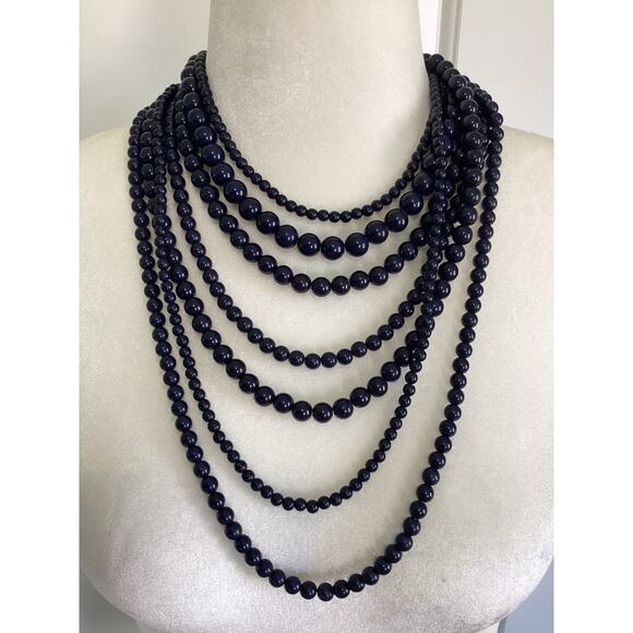 J. Crew LAPIS BLUE Faux Beaded 7 Strand Gold Tone Statement Necklace - Picture 1 of 5